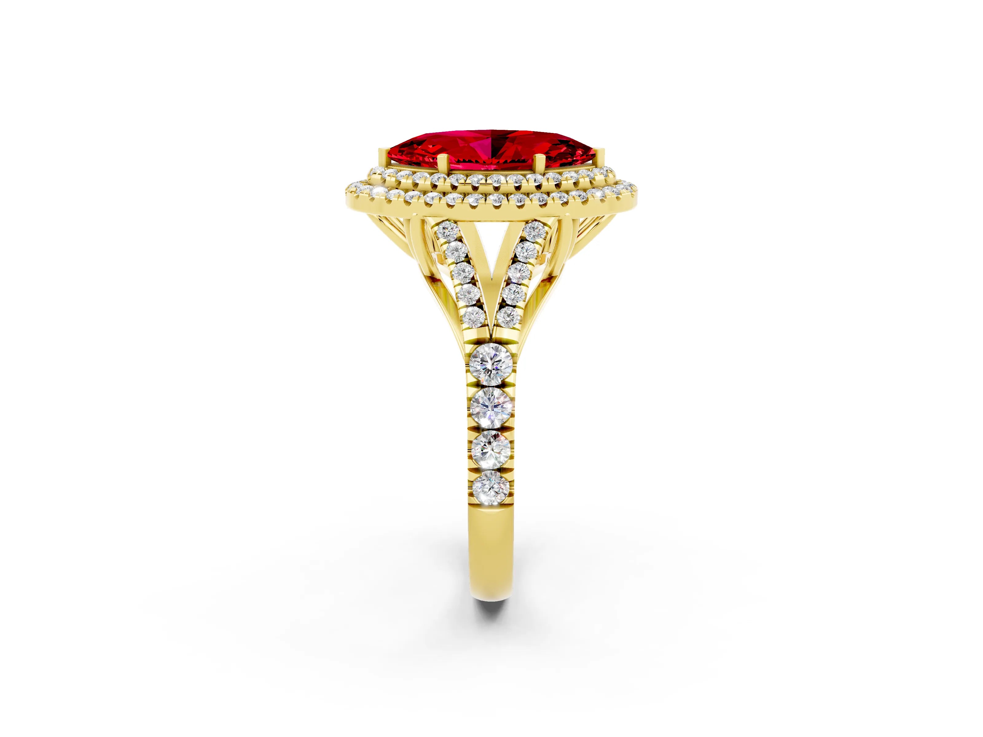Yellow gold Marquise Cut Ruby Pavé Split Shank Double Halo Engagement Ring_14