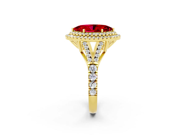 Yellow gold Marquise Cut Ruby Pavé Split Shank Double Halo Engagement Ring