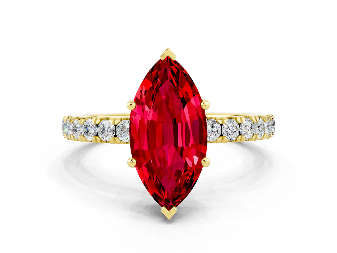 Yellow gold Marquise Cut Ruby Pave Band Solitaire Ring with Four-Prong Setting_24