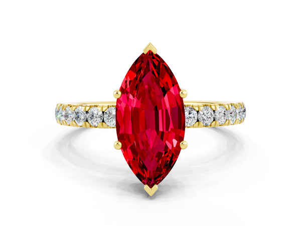Yellow gold Marquise Cut Ruby Pave Band Solitaire Ring with Round  and Prong Setting