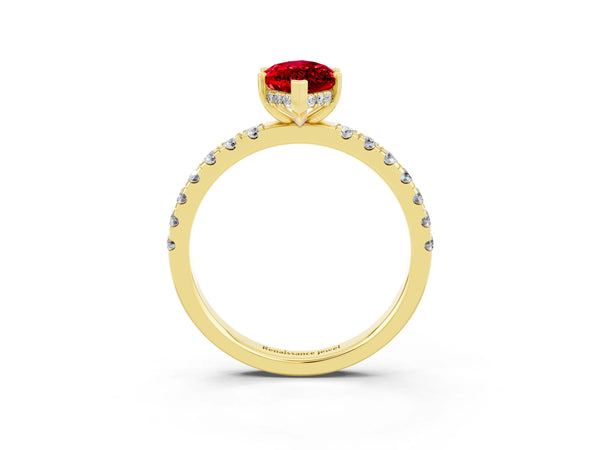 Yellow gold Marquise Cut Ruby Pave Band Solitaire Ring with Round  and Prong Setting