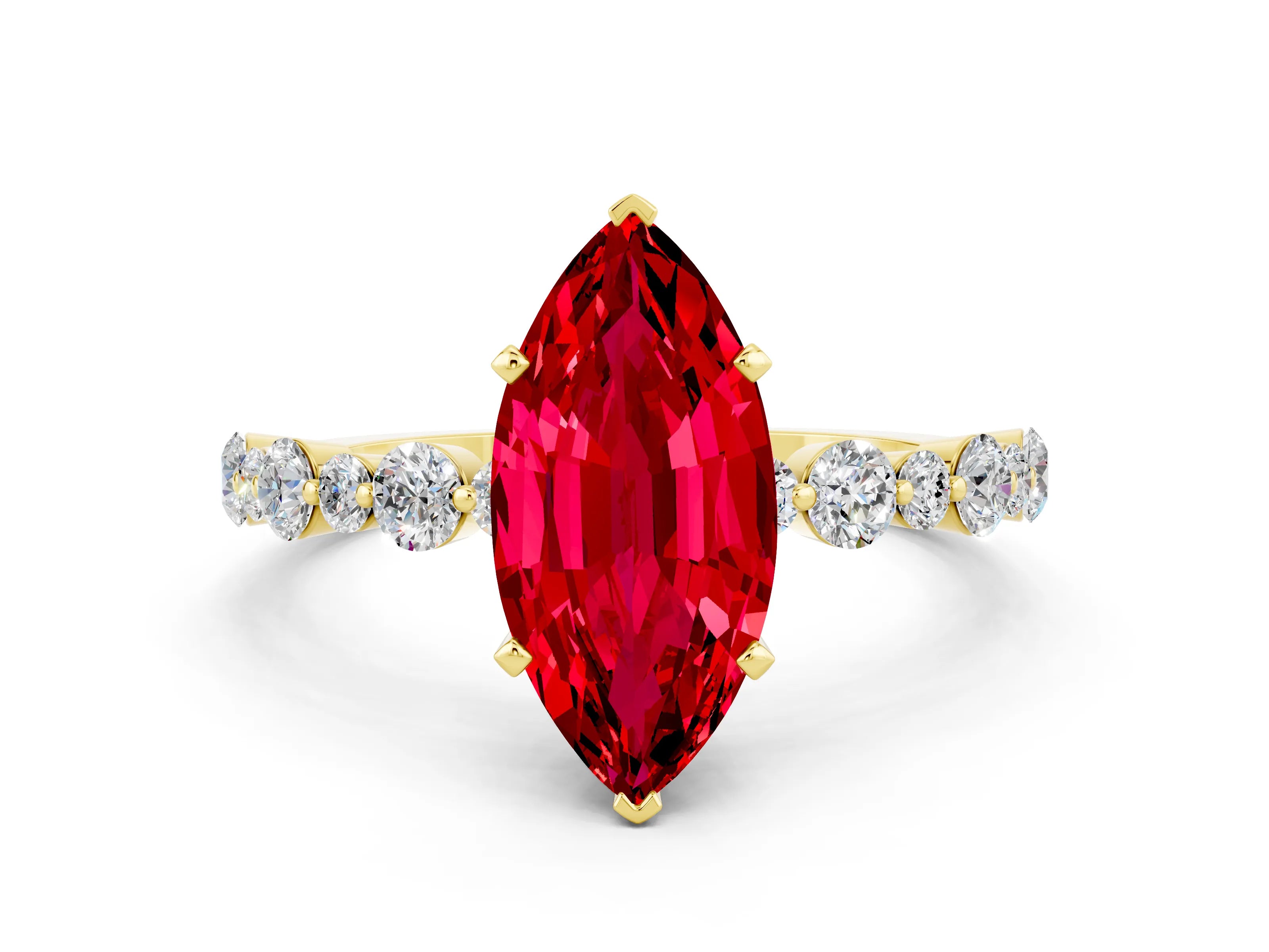 Yellow gold Marquise Cut Ruby Prong Set Engagement Ring with Pavé Band