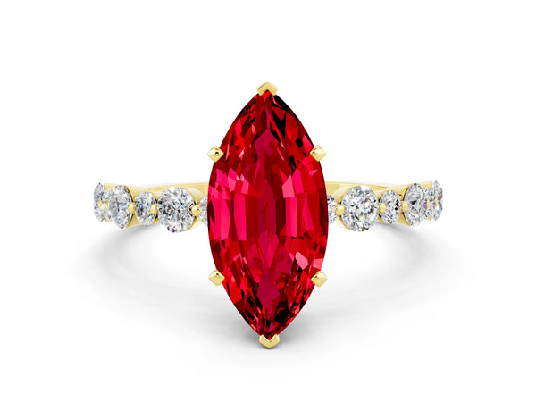 Yellow gold Marquise Cut Ruby Prong Set Engagement Ring with Pavé Band