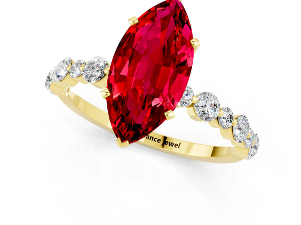 Yellow gold Marquise Cut Ruby Prong Set Engagement Ring with Pavé Band