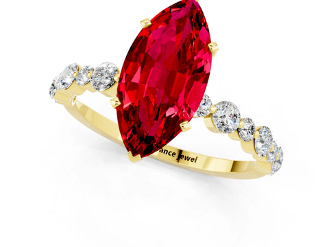 Yellow gold Marquise Cut Ruby Prong Set Engagement Ring with Pavé Band_1