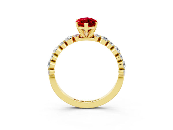 Yellow gold Marquise Cut Ruby Prong Set Engagement Ring with Pavé Band