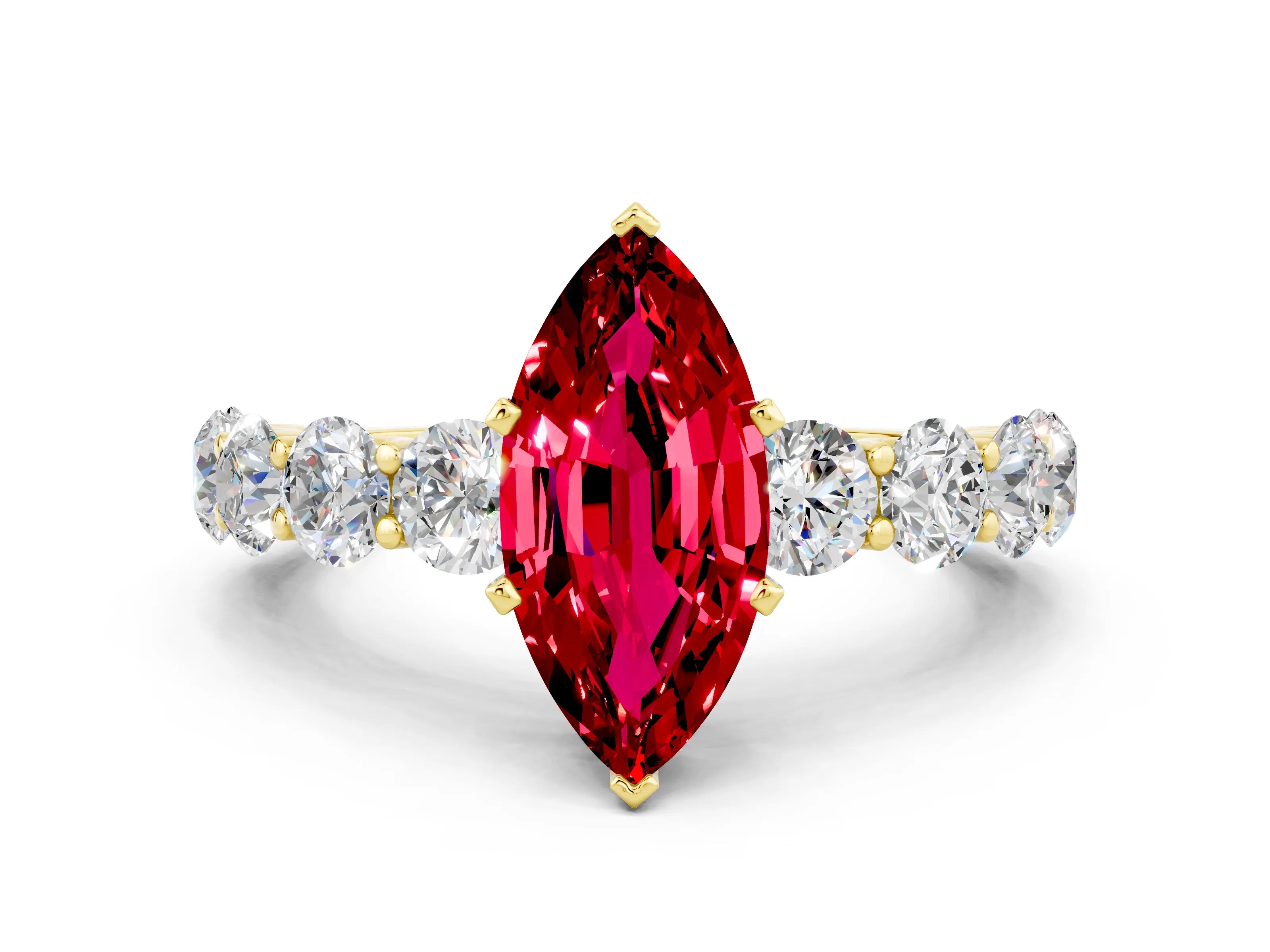 Yellow gold Marquise Cut Ruby Prong Setting with Side Stones on a Pave Band