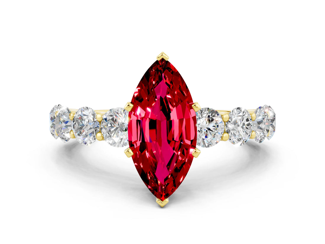 Yellow gold Marquise Cut Ruby Prong Setting with Side Stones on a Pave Band