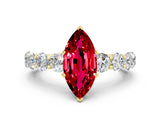 Yellow gold Marquise Cut Ruby Prong Setting with Side Stones on a Pave Band