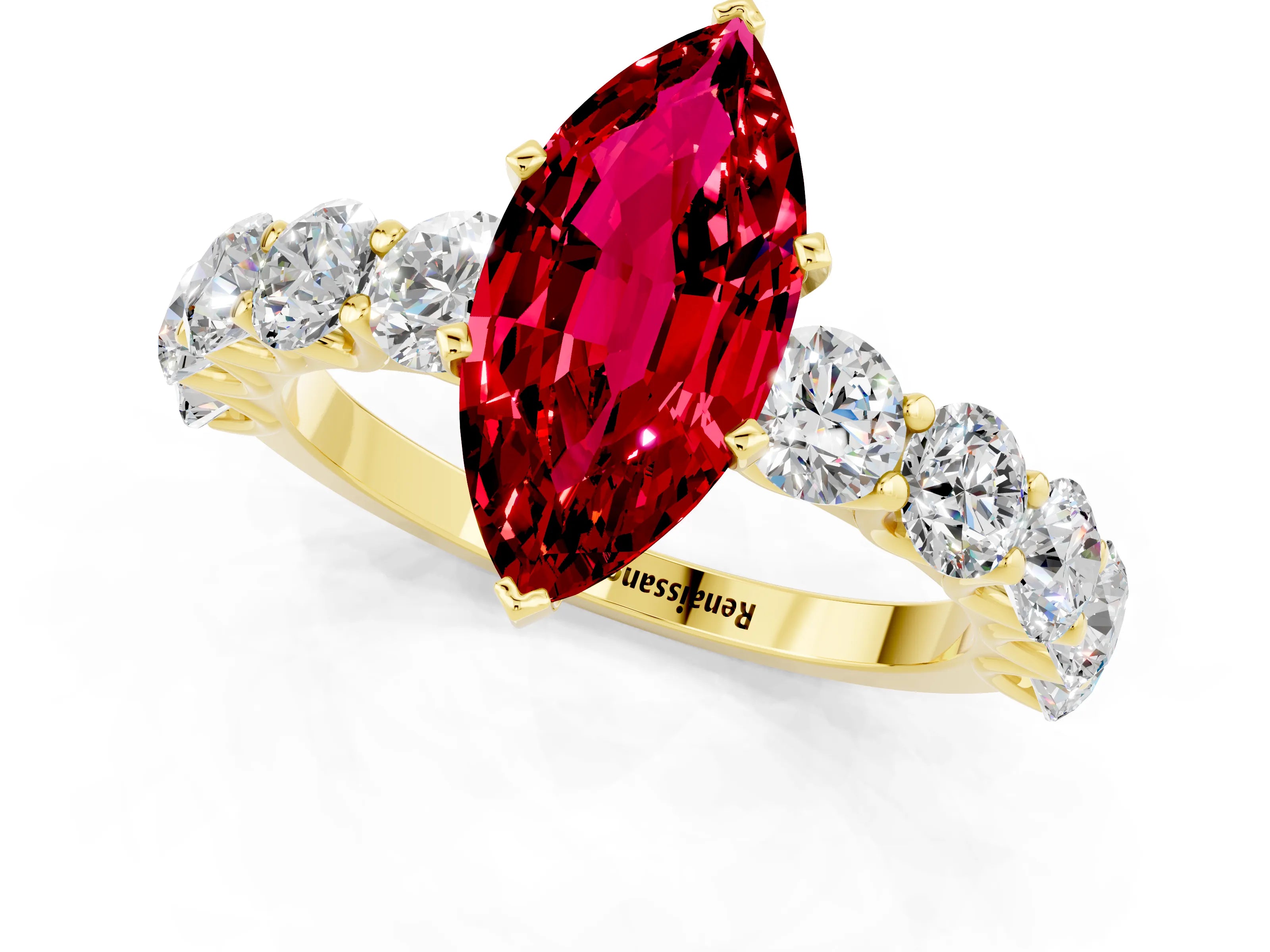Yellow gold Marquise Cut Ruby Prong Setting with Side Stones on a Pave Band_1
