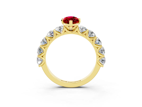 Yellow gold Marquise Cut Ruby Prong Setting with Side Stones on a Pave Band