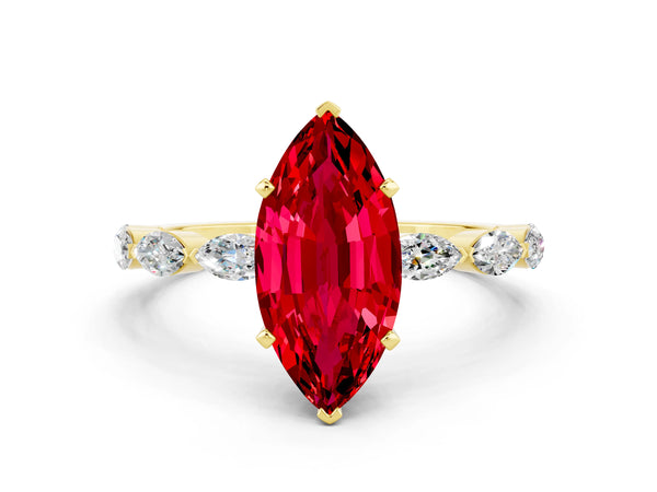 Yellow gold Marquise Cut Ruby Ring with Marquise Side Stones and Prong Setting