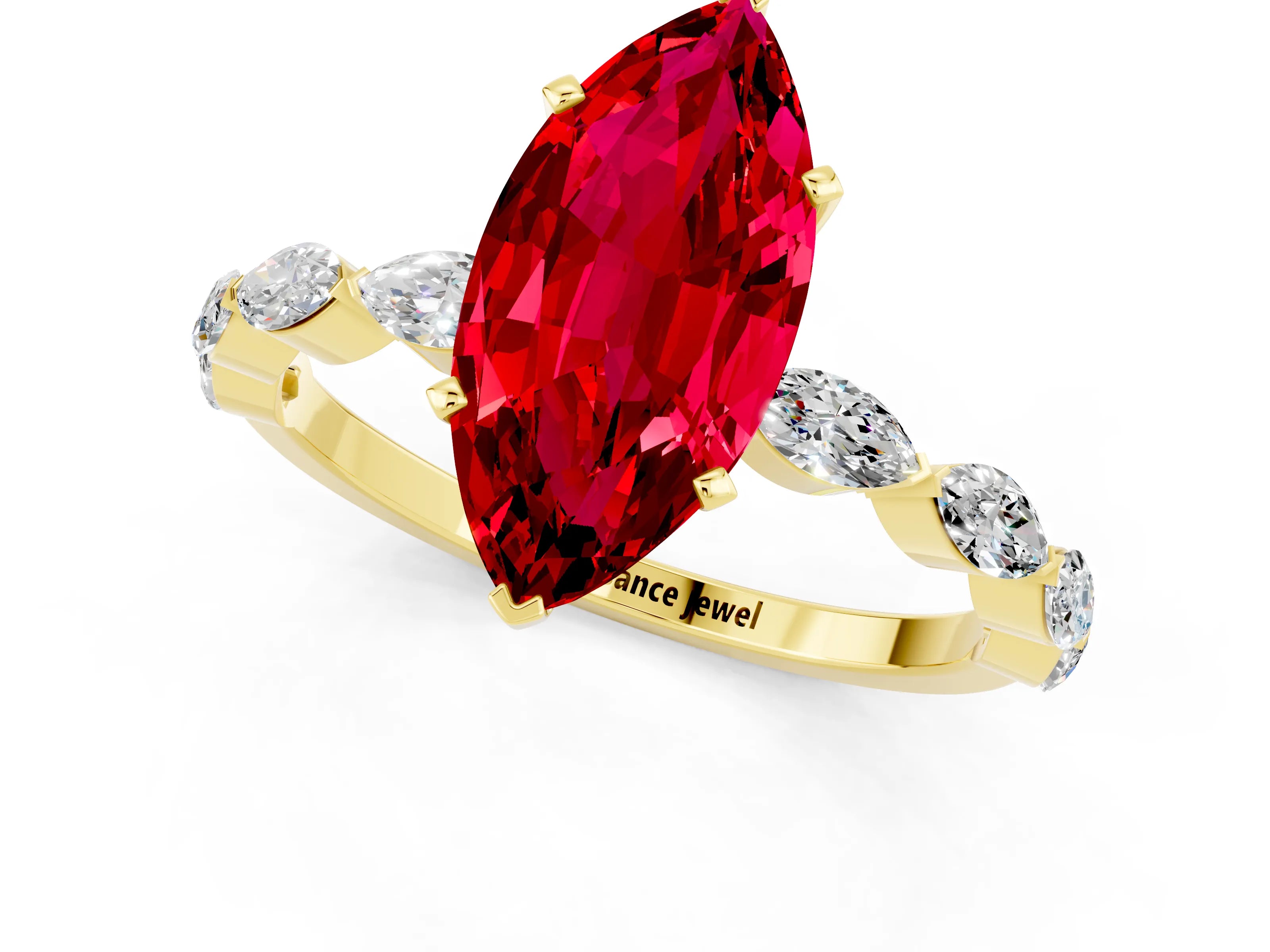 Yellow gold Marquise Cut Ruby Ring with Marquise Side Stones and Prong Setting_1