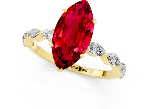 Yellow gold Marquise Cut Ruby Ring with Marquise Side Stones and Prong Setting_1