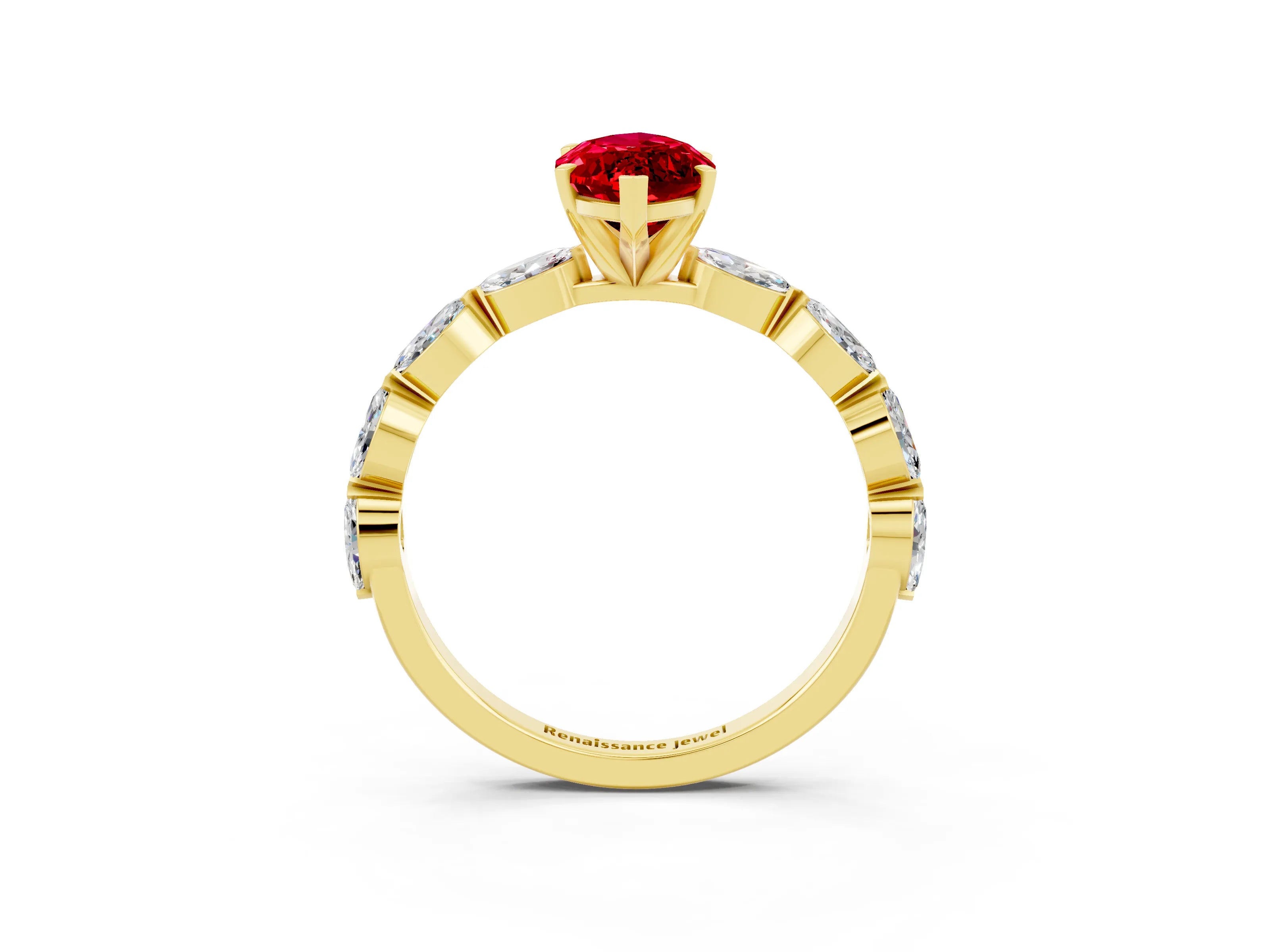 Yellow gold Marquise Cut Ruby Ring with Marquise Side Stones and Prong Setting_3