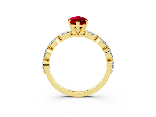 Yellow gold Marquise Cut Ruby Ring with Marquise Side Stones and Prong Setting