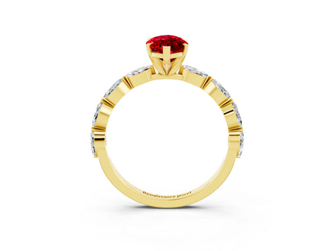 Yellow gold Marquise Cut Ruby Ring with Marquise Side Stones and Prong Setting_3