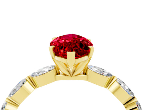 Yellow gold Marquise Cut Ruby Ring with Marquise Side Stones and Prong Setting_4