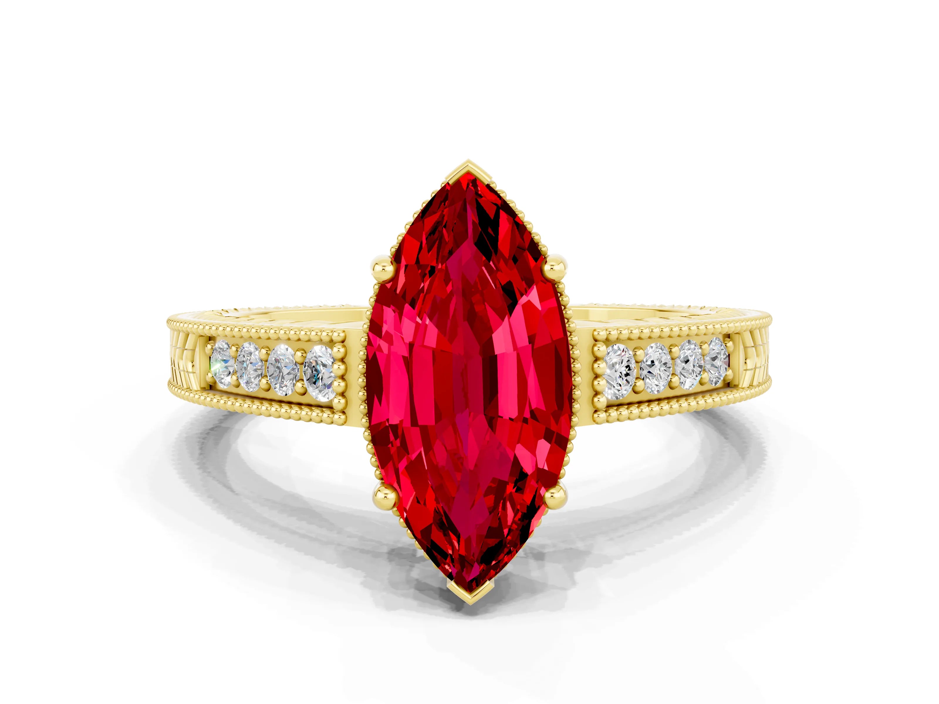 Yellow gold Marquise Cut Ruby Ring with Milgrain Pavé Band and Four-Prong Setting_12
