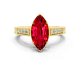 Yellow gold Marquise Cut Ruby Ring with Milgrain Pavé Band and Four-Prong Setting_12