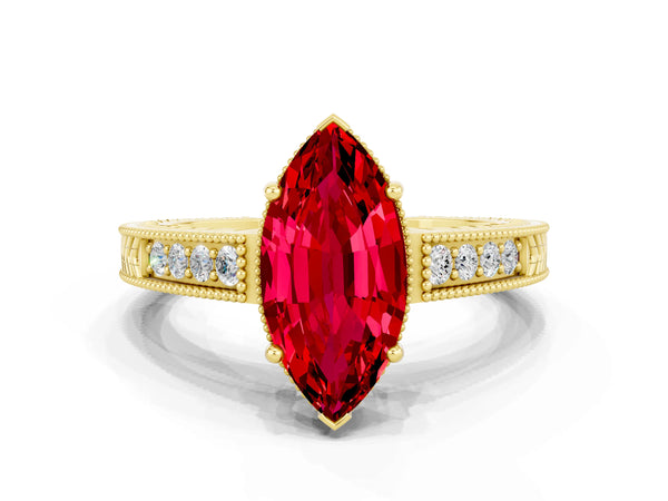 Yellow gold Marquise Cut Ruby Ring with Milgrain Pavé Band and Four-Prong Setting