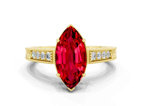 Yellow gold Marquise Cut Ruby Ring with Milgrain Pavé Band and Four-Prong Setting_12