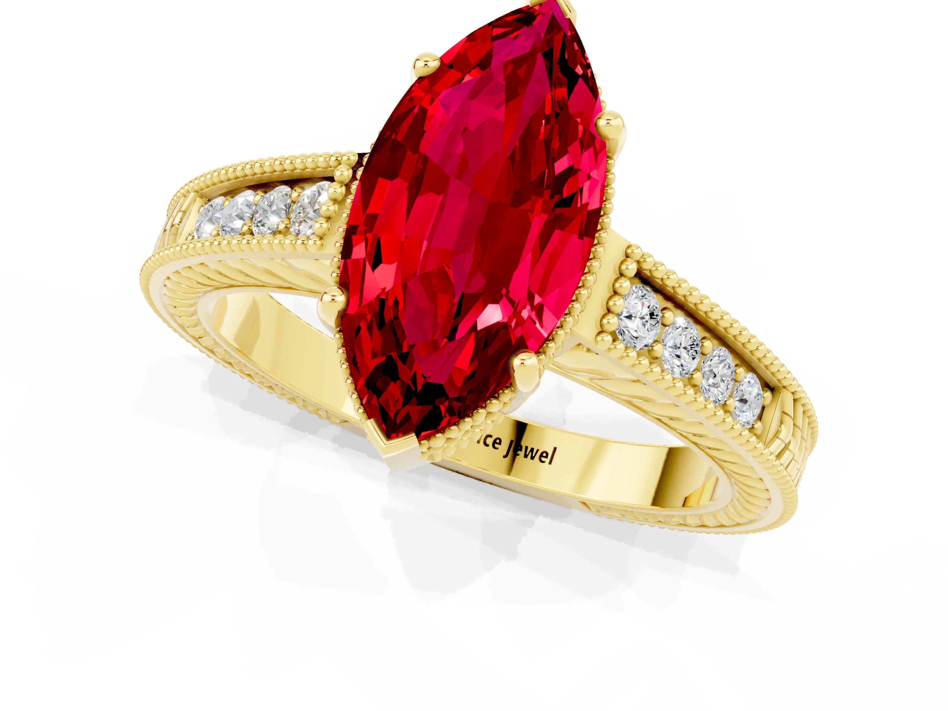 Yellow gold Marquise Cut Ruby Ring with Milgrain Pavé Band and Four-Prong Setting_13