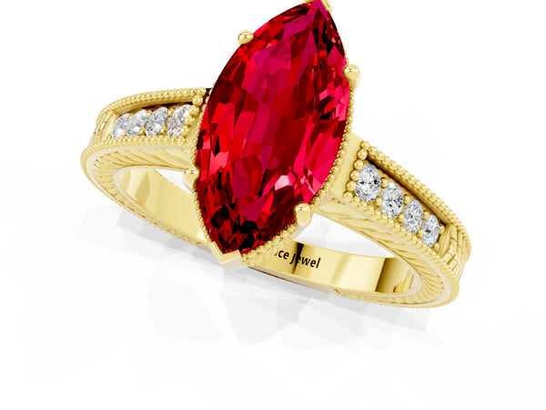 Yellow gold Marquise Cut Ruby Ring with Milgrain Pavé Band and Four-Prong Setting