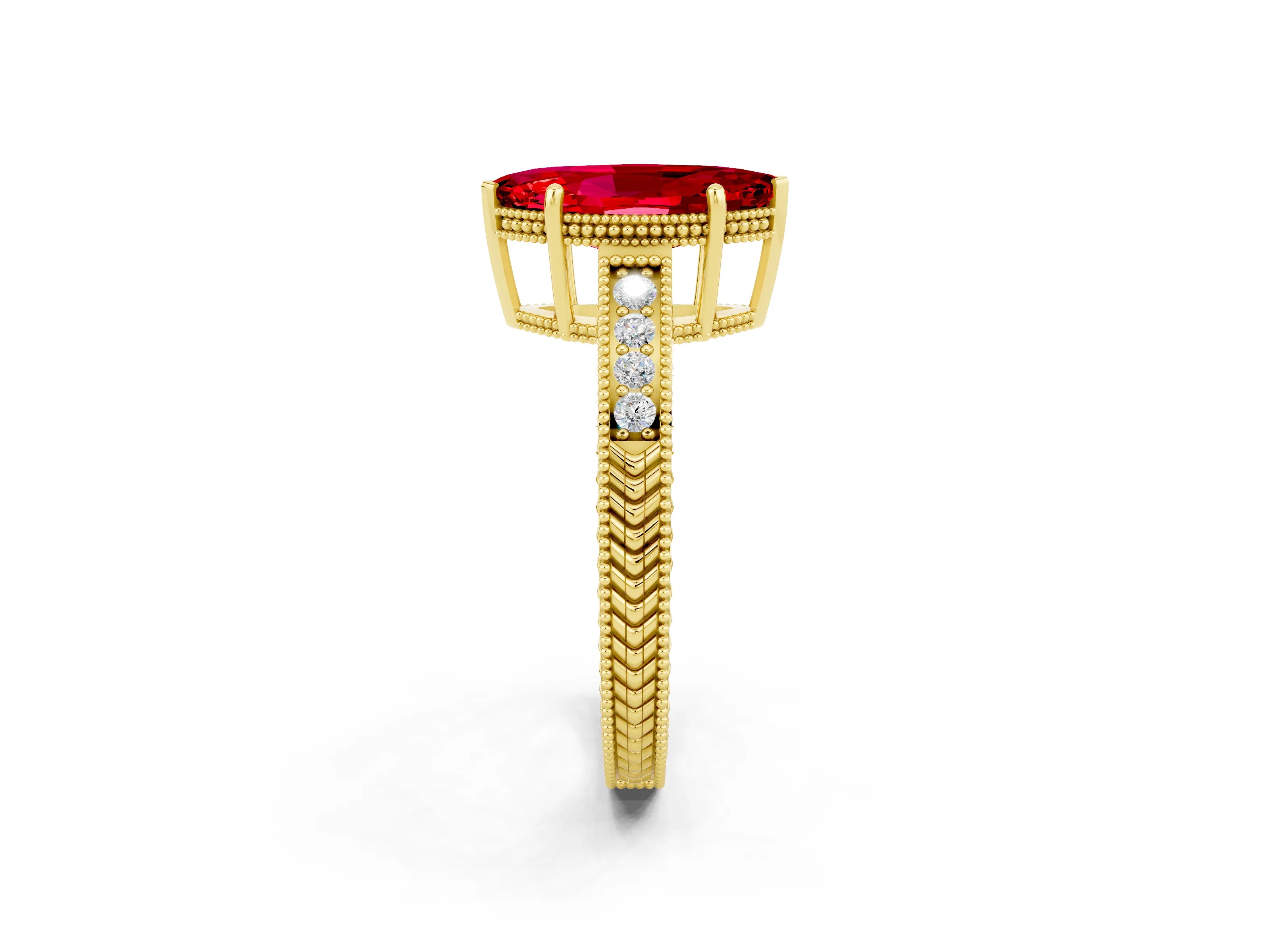 Yellow gold Marquise Cut Ruby Ring with Milgrain Pavé Band and Four-Prong Setting_14