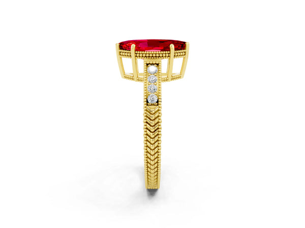 Yellow gold Marquise Cut Ruby Ring with Milgrain Pavé Band and Four-Prong Setting