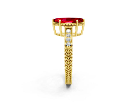 Yellow gold Marquise Cut Ruby Ring with Milgrain Pavé Band and Four-Prong Setting_14