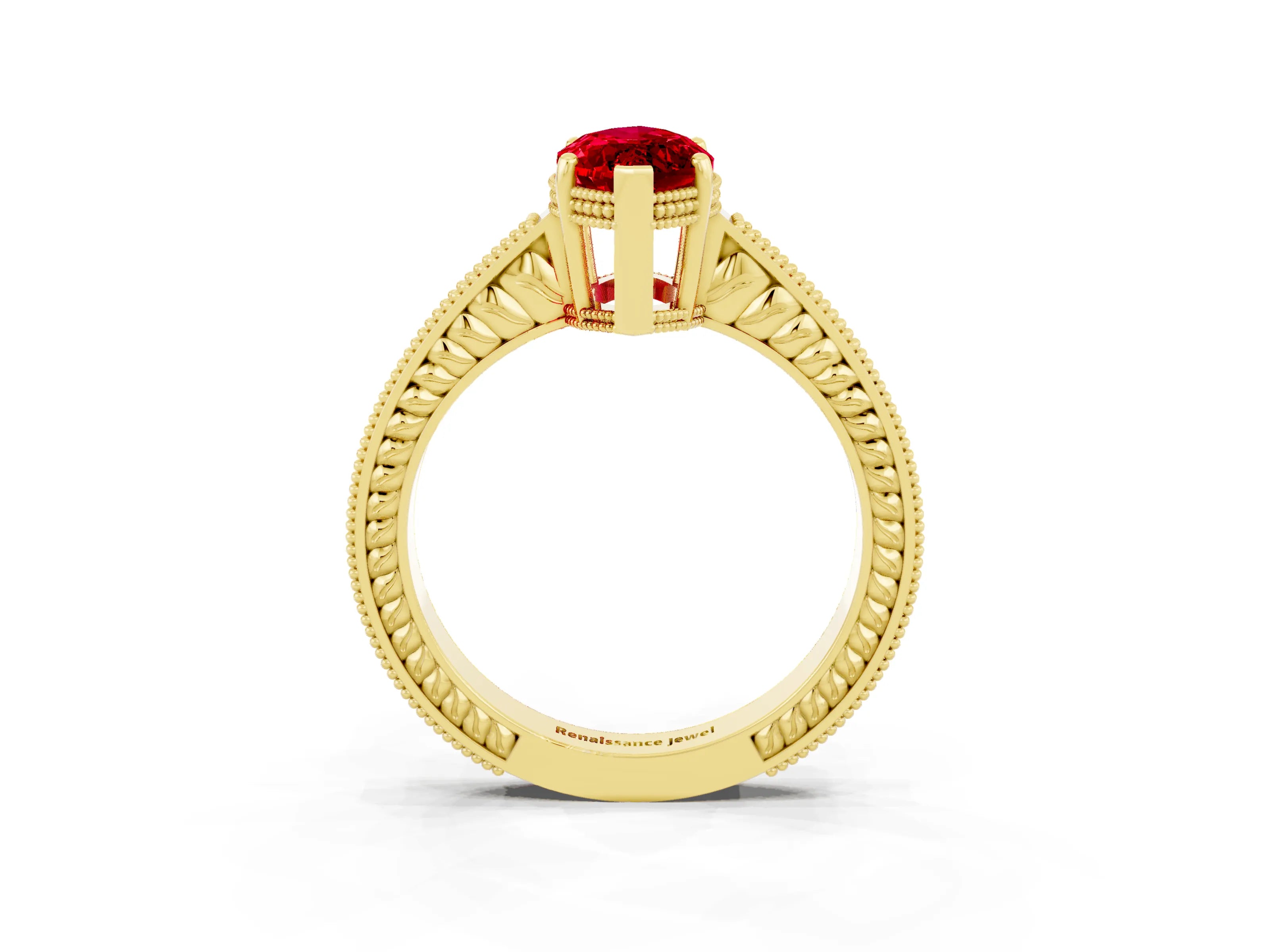 Yellow gold Marquise Cut Ruby Ring with Milgrain Pavé Band and Four-Prong Setting_15