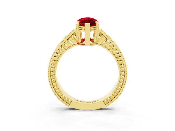 Yellow gold Marquise Cut Ruby Ring with Milgrain Pavé Band and Four-Prong Setting
