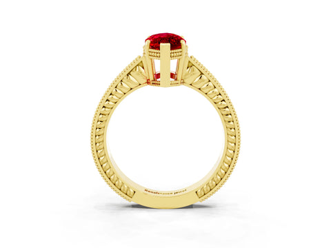Yellow gold Marquise Cut Ruby Ring with Milgrain Pavé Band and Four-Prong Setting_15