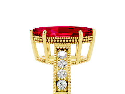 Yellow gold Marquise Cut Ruby Ring with Milgrain Pavé Band and Four-Prong Setting_17