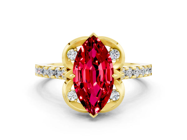 Yellow gold Marquise Cut Ruby Ring with Pavé Band and Floral Prong Setting