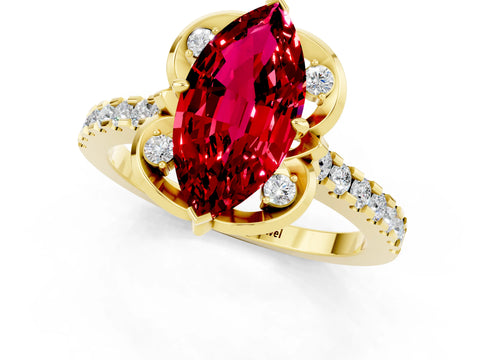 Yellow gold Marquise Cut Ruby Ring with Pavé Band and Floral Prong Setting_1