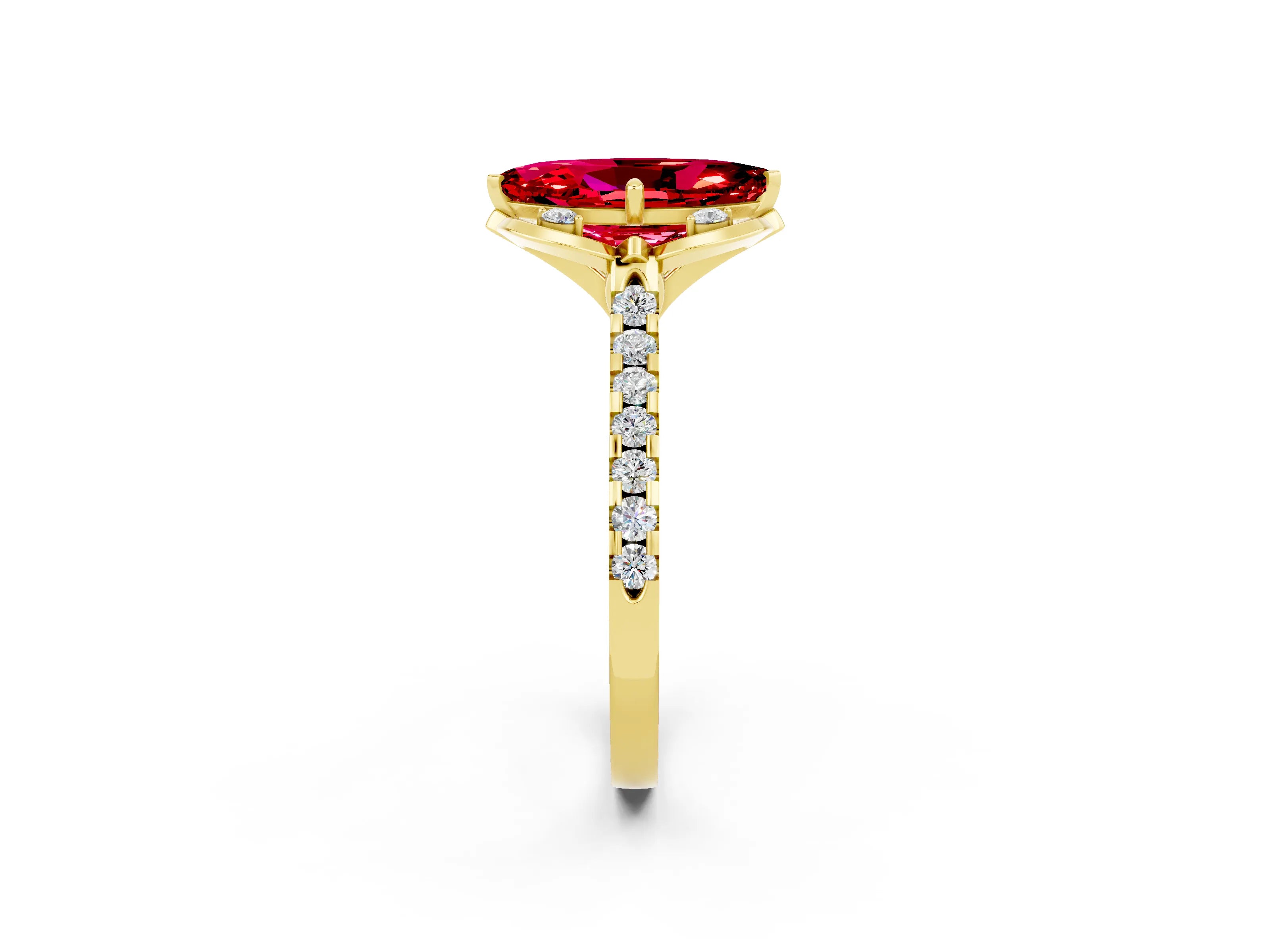 Yellow gold Marquise Cut Ruby Ring with Pavé Band and Floral Prong Setting_2