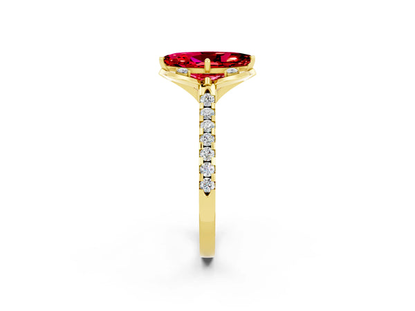 Yellow gold Marquise Cut Ruby Ring with Pavé Band and Floral Prong Setting