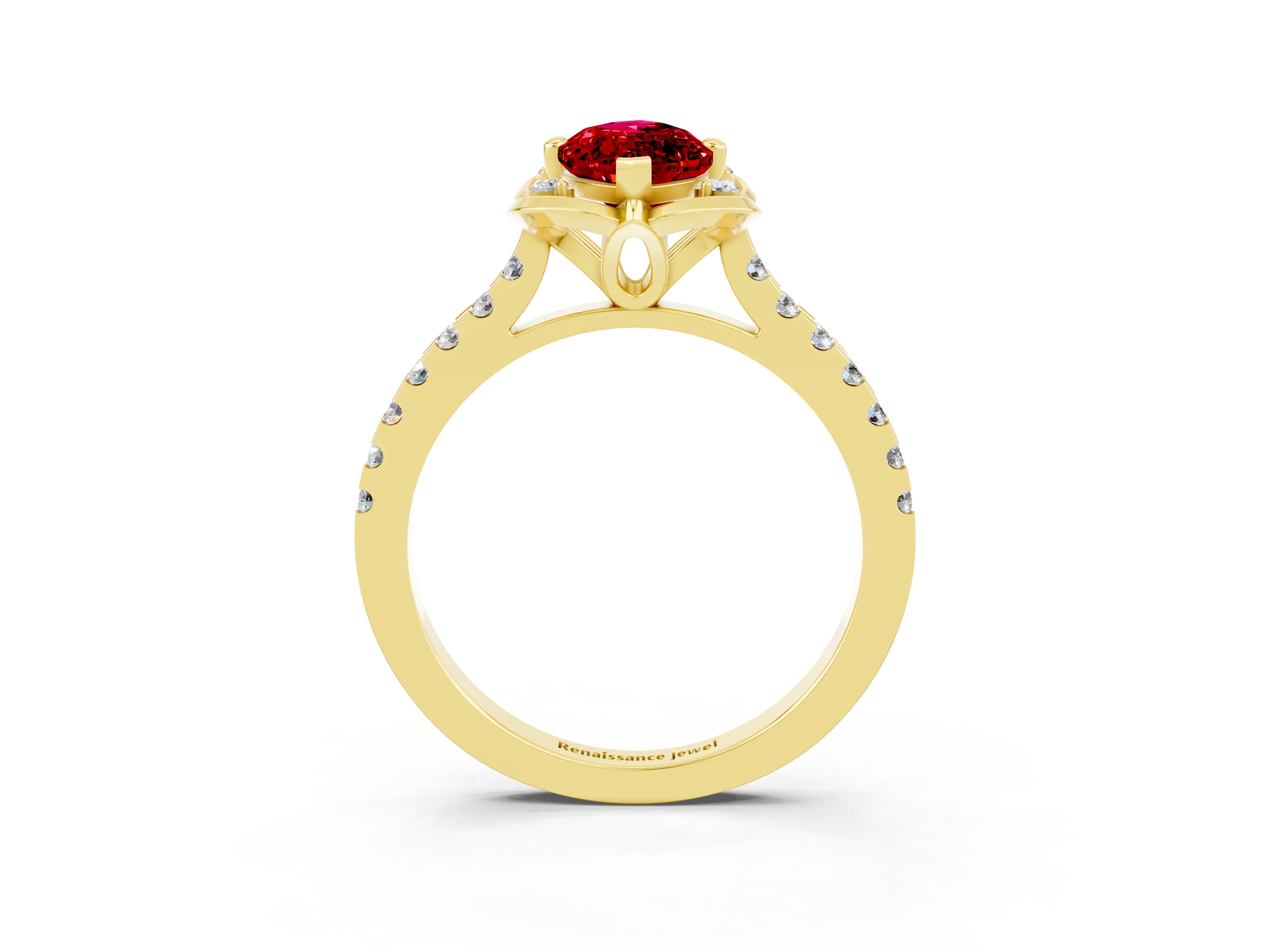 Yellow gold Marquise Cut Ruby Ring with Pavé Band and Floral Prong Setting_3