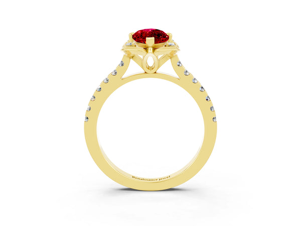 Yellow gold Marquise Cut Ruby Ring with Pavé Band and Floral Prong Setting