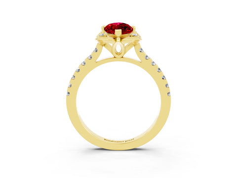 Yellow gold Marquise Cut Ruby Ring with Pavé Band and Floral Prong Setting_3