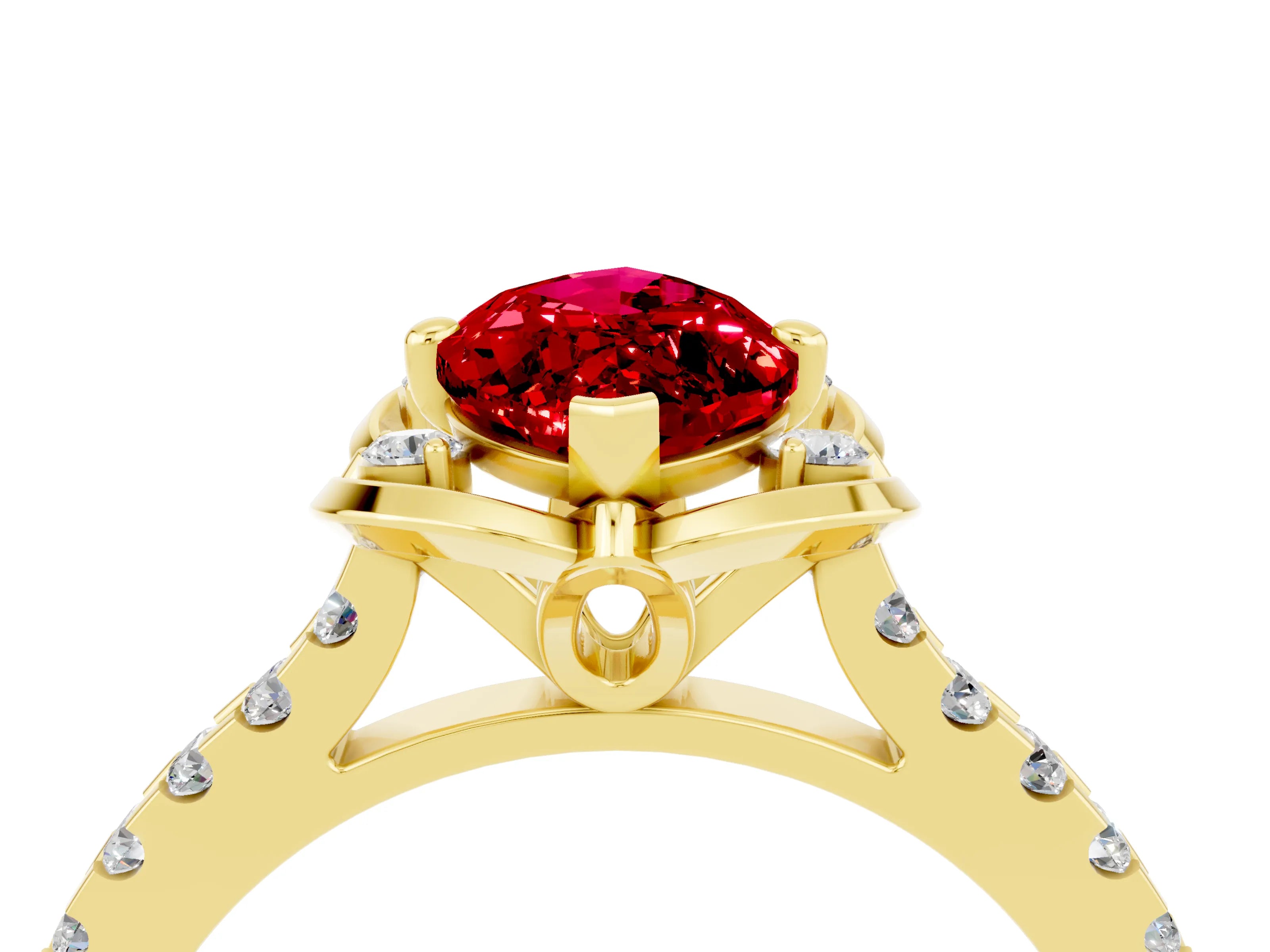 Yellow gold Marquise Cut Ruby Ring with Pavé Band and Floral Prong Setting_4