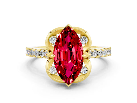Yellow gold Marquise Cut Ruby Ring with Pavé Band and Floral Prong Setting