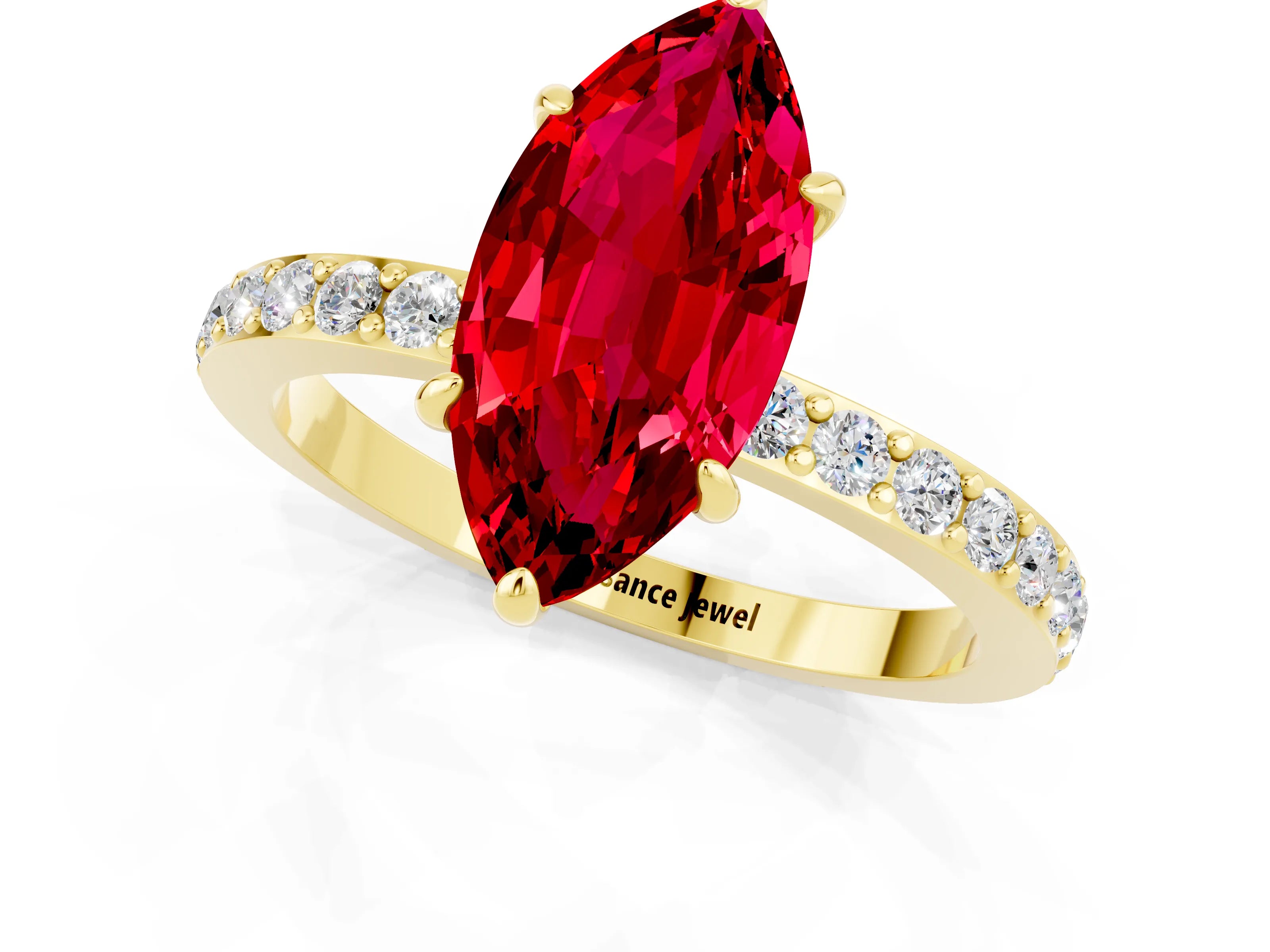 Yellow gold Marquise Cut Ruby Ring with Pavé Band and Four-Prong Setting_1