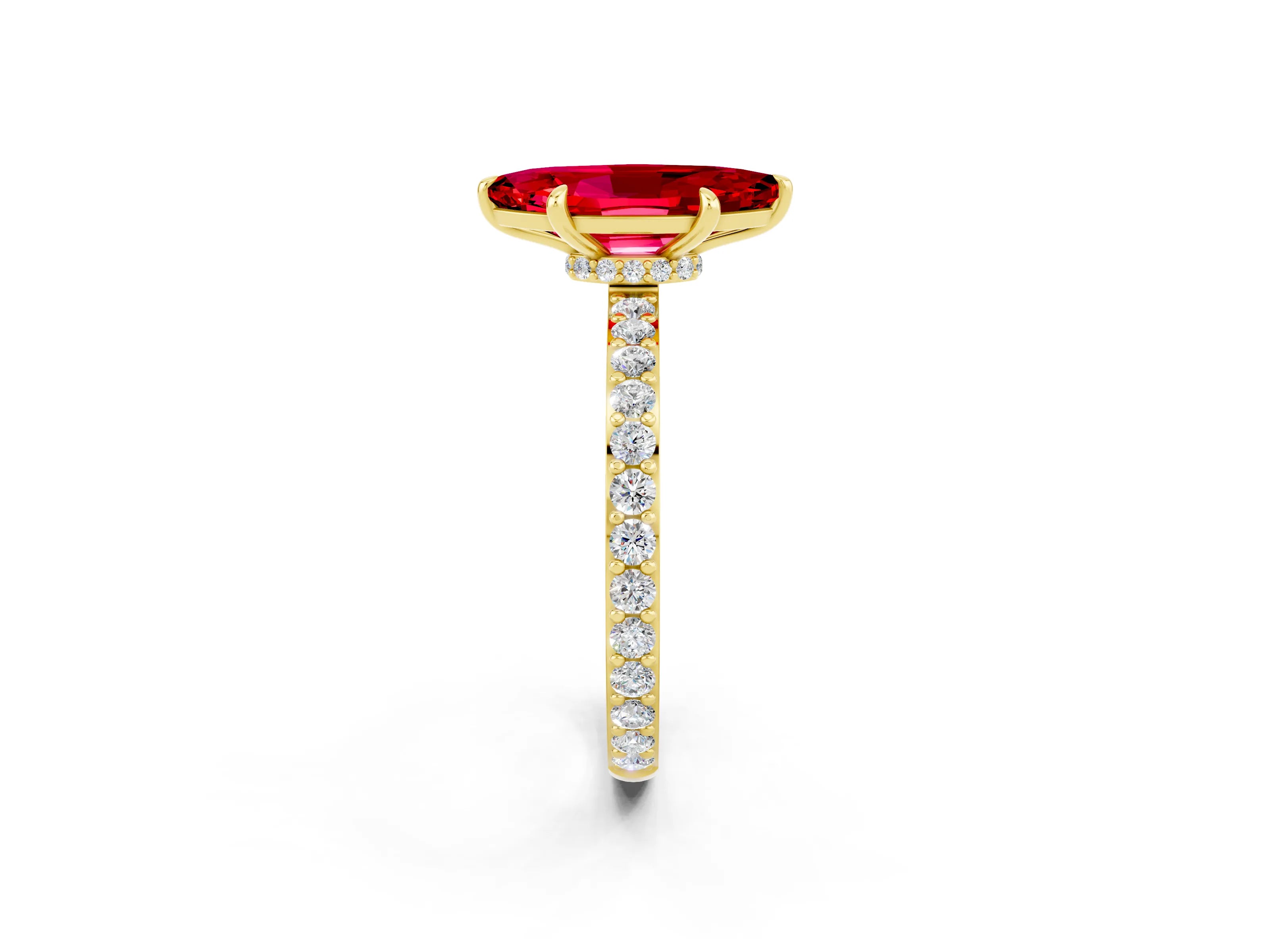 Yellow gold Marquise Cut Ruby Ring with Pavé Band and Four-Prong Setting_2