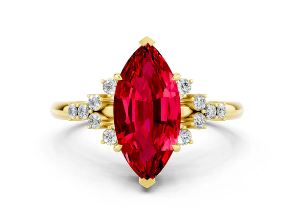 Yellow gold Marquise Cut Ruby Ring with Side Stones and Four-Prong Setting