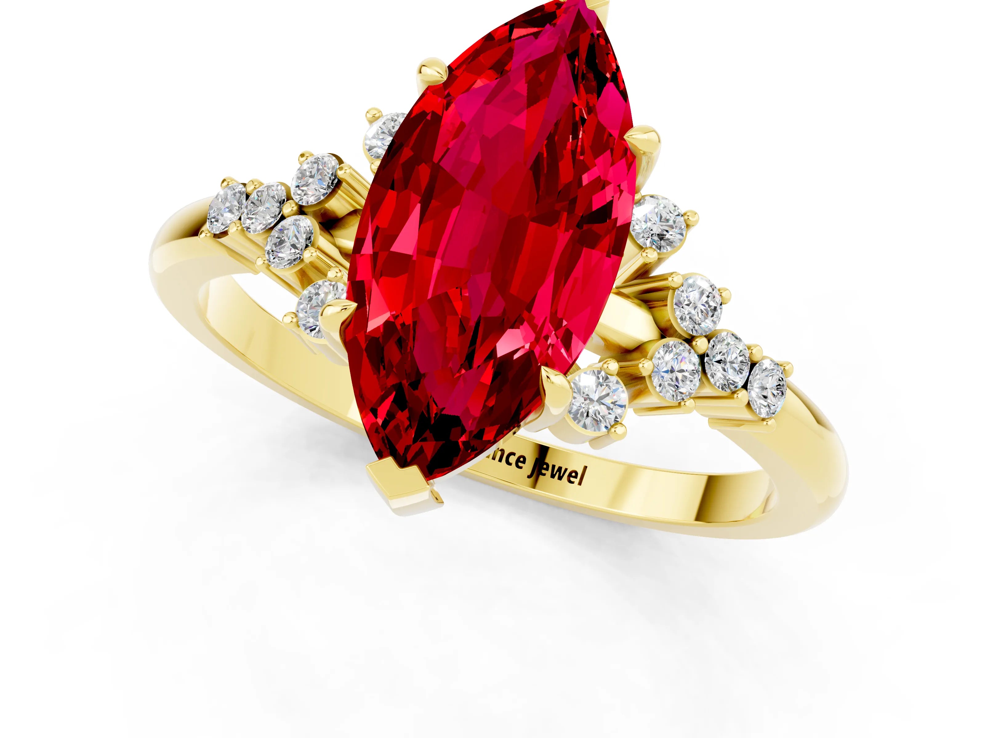 Yellow gold Marquise Cut Ruby Ring with Side Stones and Four-Prong Setting_37