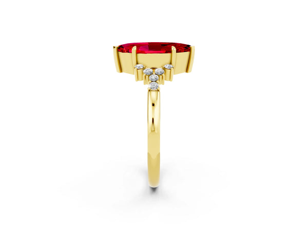 Yellow gold Marquise Cut Ruby Ring with Side Stones and Four-Prong Setting