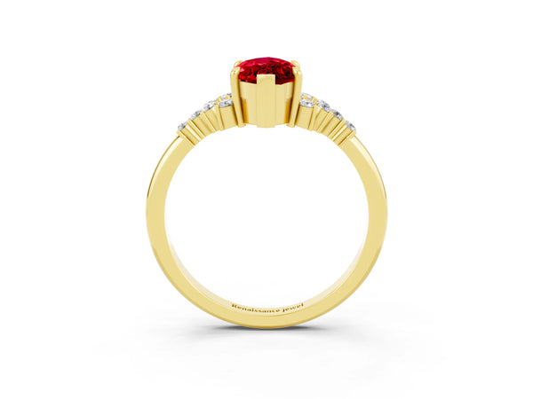 Yellow gold Marquise Cut Ruby Ring with Side Stones and Four-Prong Setting